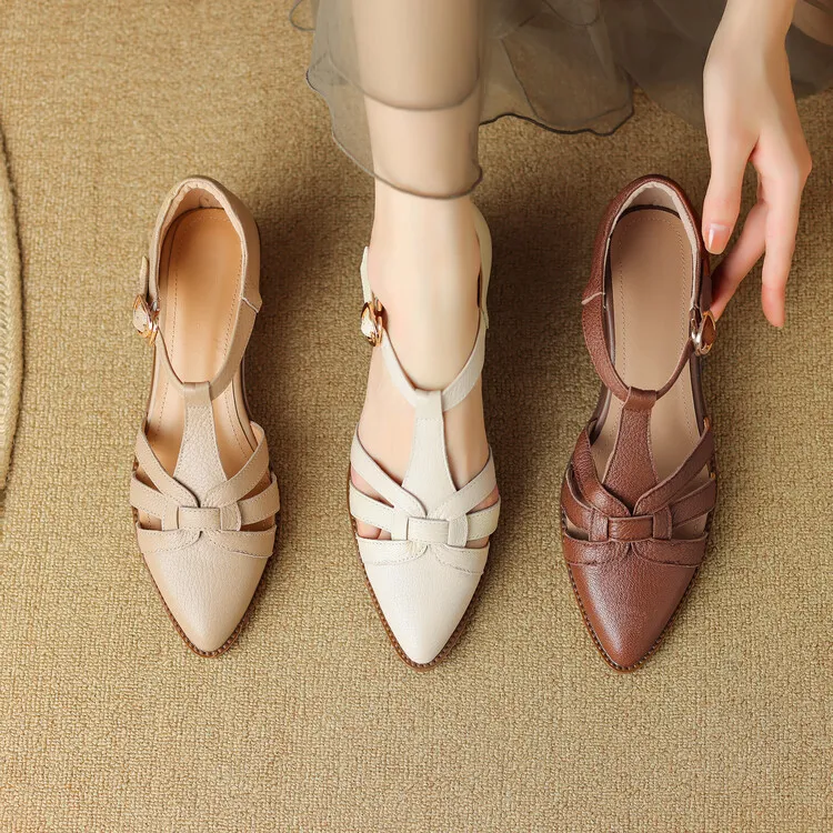 Spring/Summer Retro Sheepskin Closed-Toe Roman Sandals with Mid-Heel, T-Strap Strap, Pointed Toe, Chunky Heel, Closed-Heel Women's Shoes