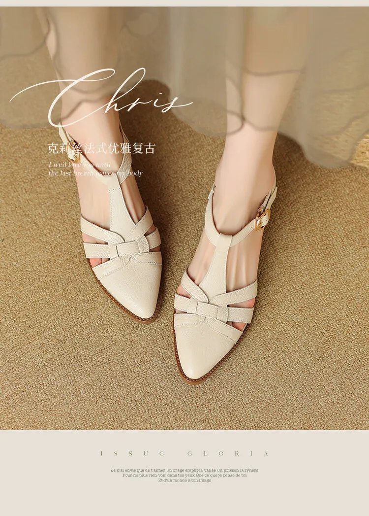 Spring/Summer Retro Sheepskin Closed-Toe Roman Sandals with Mid-Heel, T-Strap Strap, Pointed Toe, Chunky Heel, Closed-Heel Women's Shoes