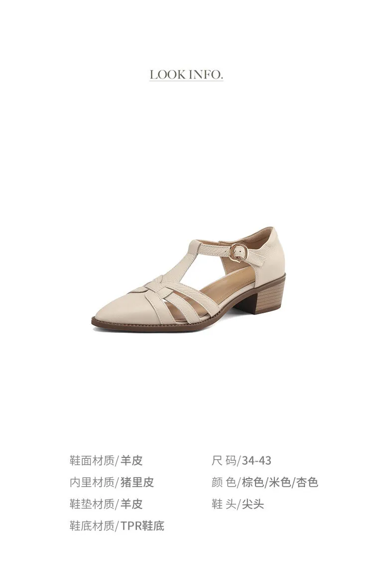Spring/Summer Retro Sheepskin Closed-Toe Roman Sandals with Mid-Heel, T-Strap Strap, Pointed Toe, Chunky Heel, Closed-Heel Women's Shoes