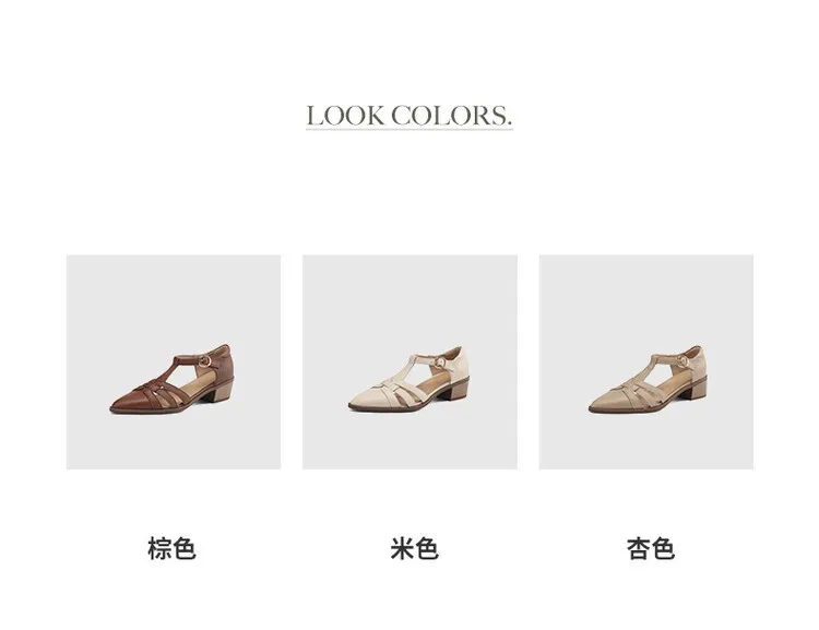 Spring/Summer Retro Sheepskin Closed-Toe Roman Sandals with Mid-Heel, T-Strap Strap, Pointed Toe, Chunky Heel, Closed-Heel Women's Shoes