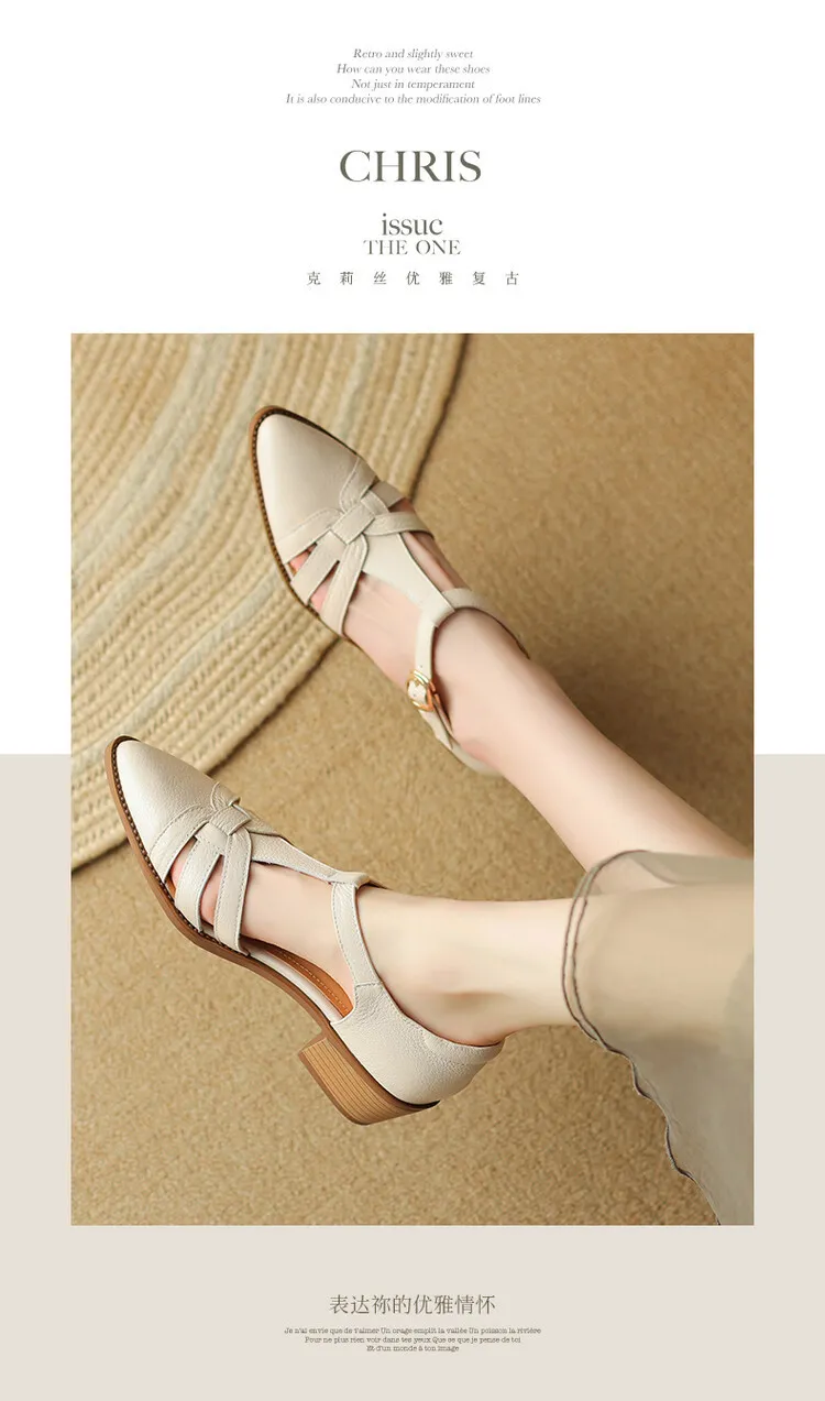 Spring/Summer Retro Sheepskin Closed-Toe Roman Sandals with Mid-Heel, T-Strap Strap, Pointed Toe, Chunky Heel, Closed-Heel Women's Shoes