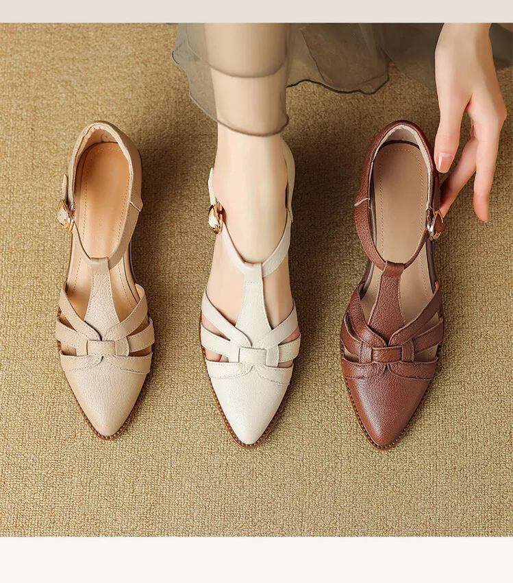 Spring/Summer Retro Sheepskin Closed-Toe Roman Sandals with Mid-Heel, T-Strap Strap, Pointed Toe, Chunky Heel, Closed-Heel Women's Shoes