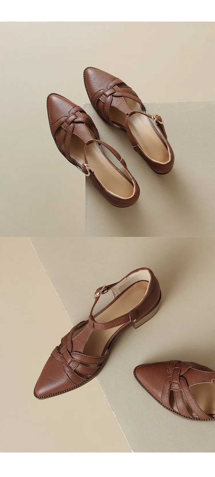 Spring/Summer Retro Sheepskin Closed-Toe Roman Sandals with Mid-Heel, T-Strap Strap, Pointed Toe, Chunky Heel, Closed-Heel Women's Shoes