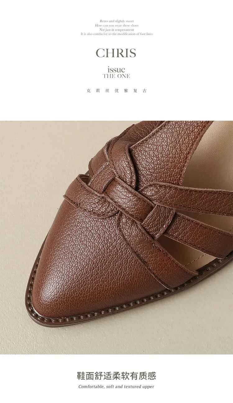 Spring/Summer Retro Sheepskin Closed-Toe Roman Sandals with Mid-Heel, T-Strap Strap, Pointed Toe, Chunky Heel, Closed-Heel Women's Shoes