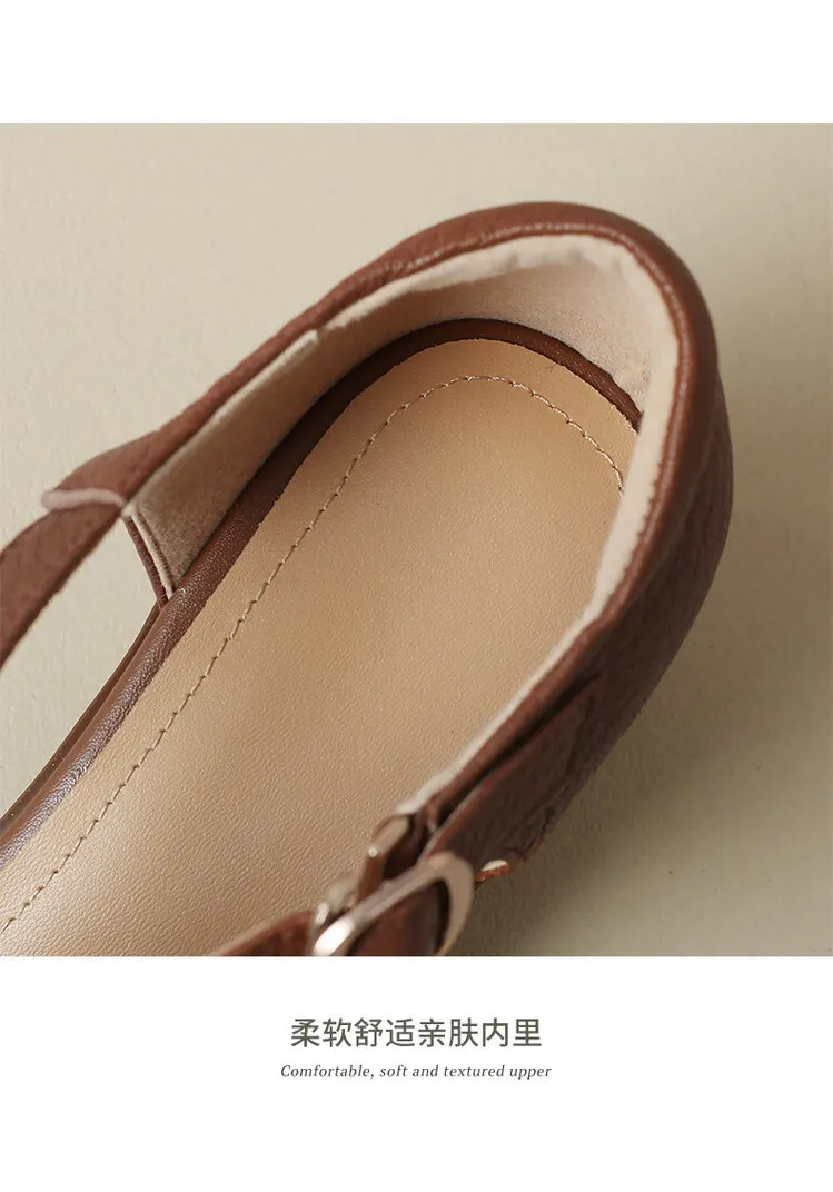 Spring/Summer Retro Sheepskin Closed-Toe Roman Sandals with Mid-Heel, T-Strap Strap, Pointed Toe, Chunky Heel, Closed-Heel Women's Shoes