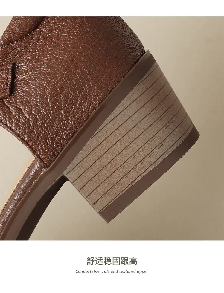 Spring/Summer Retro Sheepskin Closed-Toe Roman Sandals with Mid-Heel, T-Strap Strap, Pointed Toe, Chunky Heel, Closed-Heel Women's Shoes