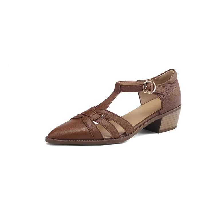 Spring/Summer Retro Sheepskin Closed-Toe Roman Sandals with Mid-Heel, T-Strap Strap, Pointed Toe, Chunky Heel, Closed-Heel Women's Shoes