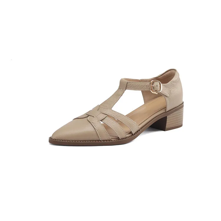 Spring/Summer Retro Sheepskin Closed-Toe Roman Sandals with Mid-Heel, T-Strap Strap, Pointed Toe, Chunky Heel, Closed-Heel Women's Shoes