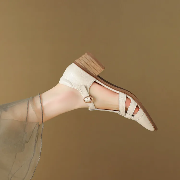 Spring/Summer Retro Sheepskin Closed-Toe Roman Sandals with Mid-Heel, T-Strap Strap, Pointed Toe, Chunky Heel, Closed-Heel Women's Shoes
