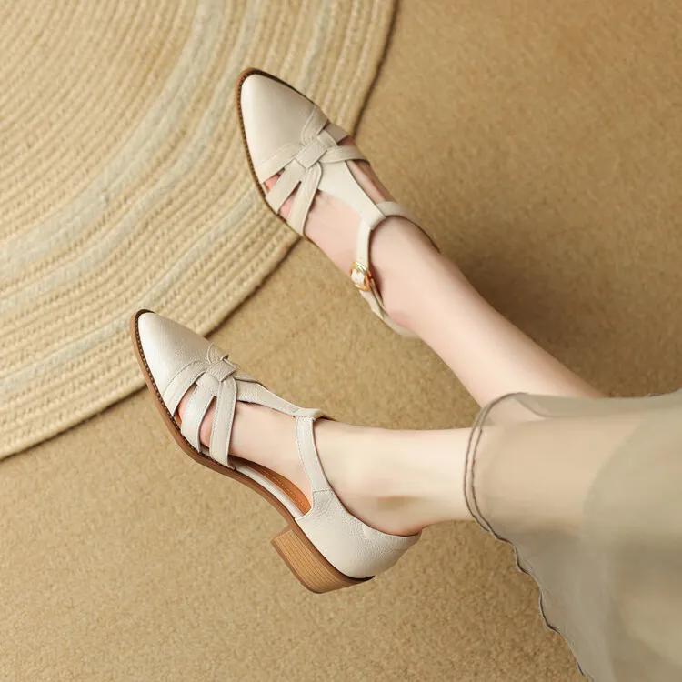 Spring/Summer Retro Sheepskin Closed-Toe Roman Sandals with Mid-Heel, T-Strap Strap, Pointed Toe, Chunky Heel, Closed-Heel Women's Shoes