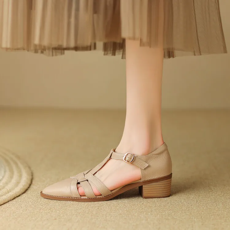 Spring/Summer Retro Sheepskin Closed-Toe Roman Sandals with Mid-Heel, T-Strap Strap, Pointed Toe, Chunky Heel, Closed-Heel Women's Shoes