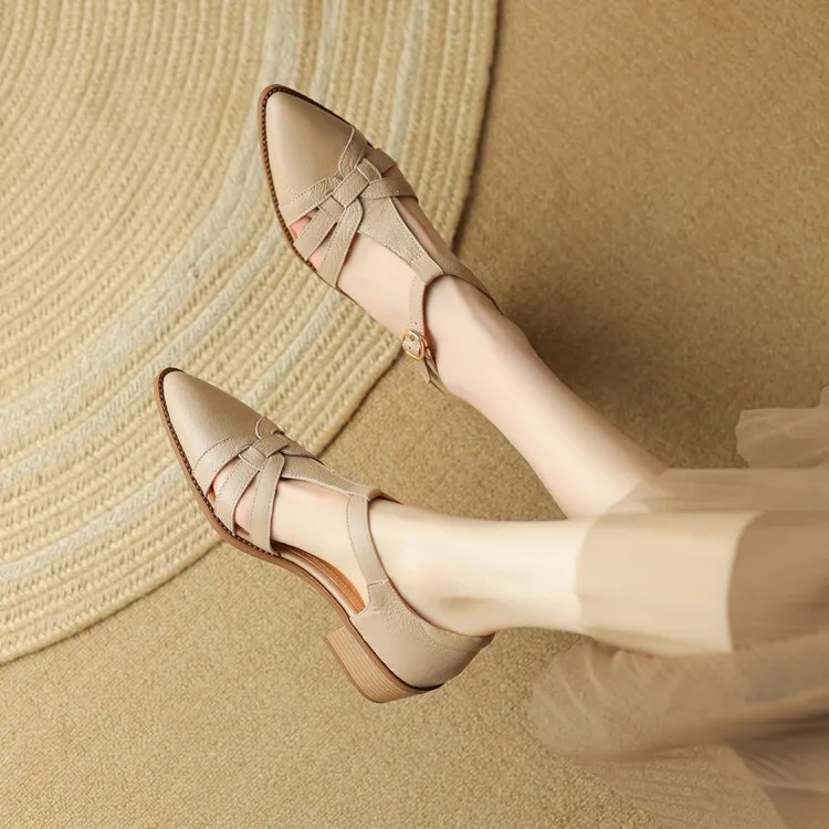 Spring/Summer Retro Sheepskin Closed-Toe Roman Sandals with Mid-Heel, T-Strap Strap, Pointed Toe, Chunky Heel, Closed-Heel Women's Shoes