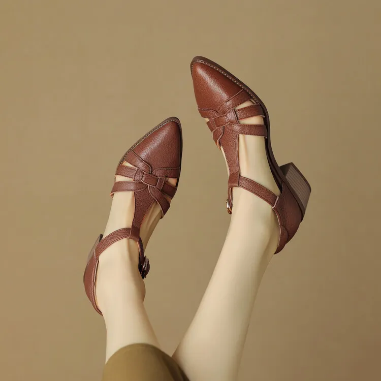 Spring/Summer Retro Sheepskin Closed-Toe Roman Sandals with Mid-Heel, T-Strap Strap, Pointed Toe, Chunky Heel, Closed-Heel Women's Shoes