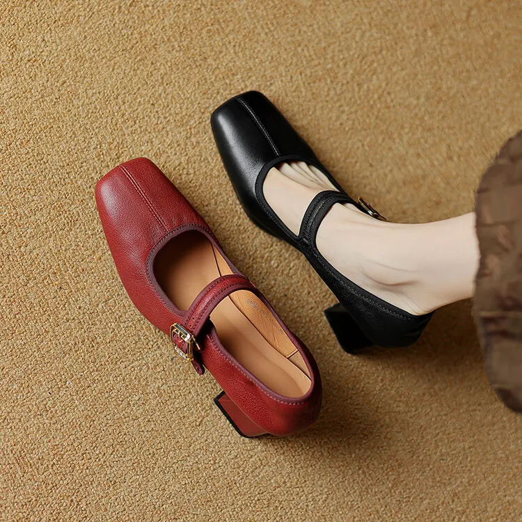 Autumn/Winter Square Toe Mary Jane Shoes with One Buckle, Black and Red Retro French Style Leather Shoes, Chunky Heel, 7-9F