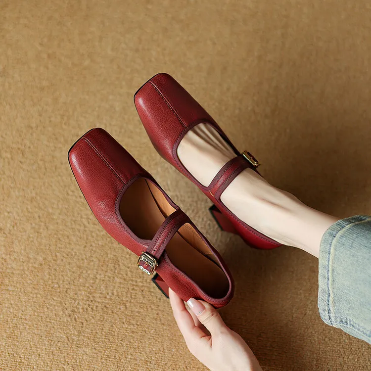 Autumn/Winter Square Toe Mary Jane Shoes with One Buckle, Black and Red Retro French Style Leather Shoes, Chunky Heel, 7-9F