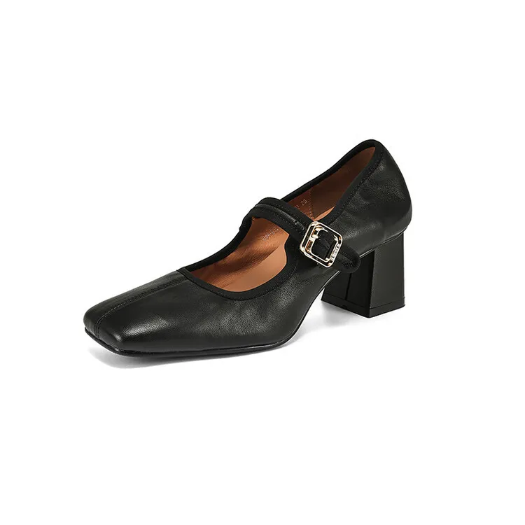 Autumn/Winter Square Toe Mary Jane Shoes with One Buckle, Black and Red Retro French Style Leather Shoes, Chunky Heel, 7-9F