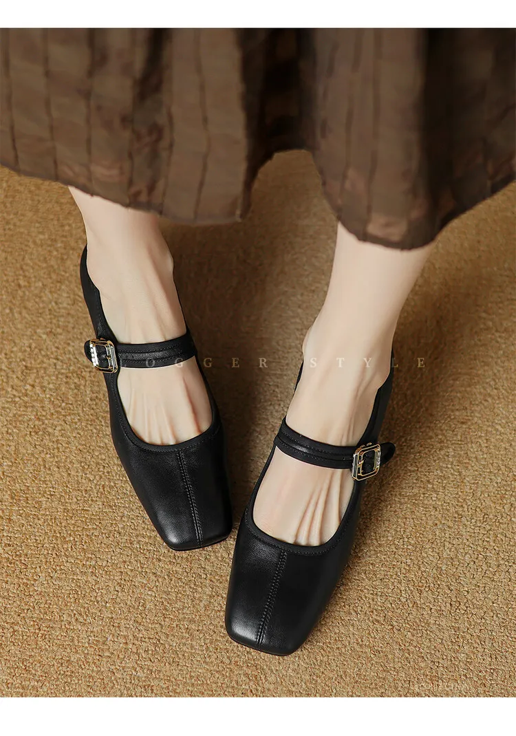 Autumn/Winter Square Toe Mary Jane Shoes with One Buckle, Black and Red Retro French Style Leather Shoes, Chunky Heel, 7-9F