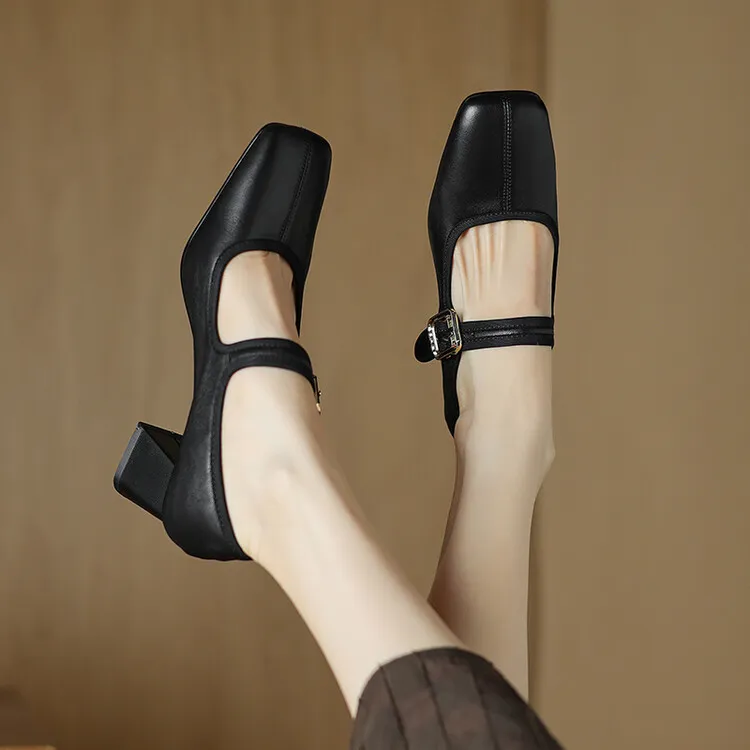 Autumn/Winter Square Toe Mary Jane Shoes with One Buckle, Black and Red Retro French Style Leather Shoes, Chunky Heel, 7-9F