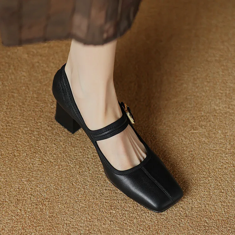Autumn/Winter Square Toe Mary Jane Shoes with One Buckle, Black and Red Retro French Style Leather Shoes, Chunky Heel, 7-9F