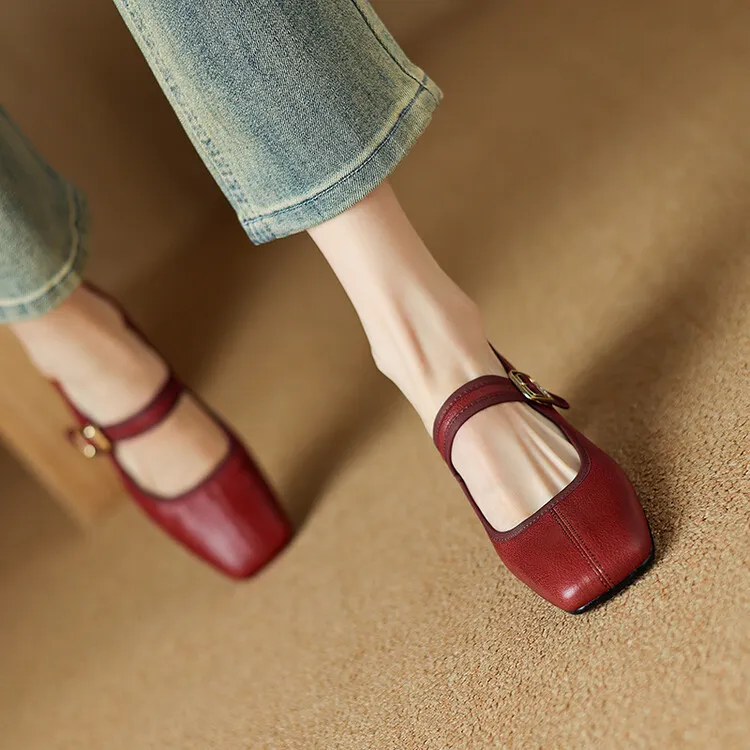 Autumn/Winter Square Toe Mary Jane Shoes with One Buckle, Black and Red Retro French Style Leather Shoes, Chunky Heel, 7-9F