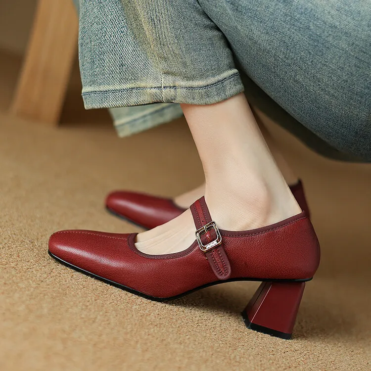 Autumn/Winter Square Toe Mary Jane Shoes with One Buckle, Black and Red Retro French Style Leather Shoes, Chunky Heel, 7-9F