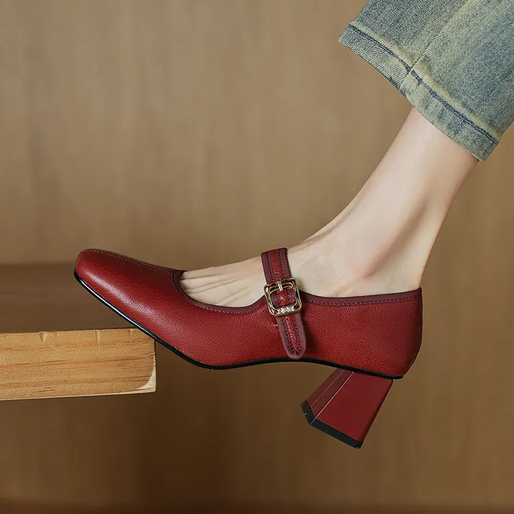 Autumn/Winter Square Toe Mary Jane Shoes with One Buckle, Black and Red Retro French Style Leather Shoes, Chunky Heel, 7-9F