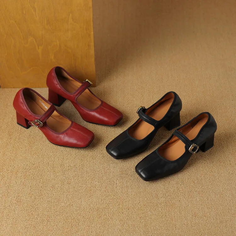 Autumn/Winter Square Toe Mary Jane Shoes with One Buckle, Black and Red Retro French Style Leather Shoes, Chunky Heel, 7-9F