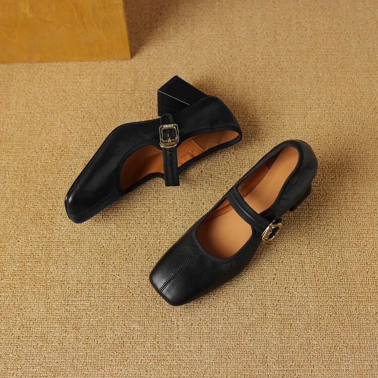 Autumn/Winter Square Toe Mary Jane Shoes with One Buckle, Black and Red Retro French Style Leather Shoes, Chunky Heel, 7-9F