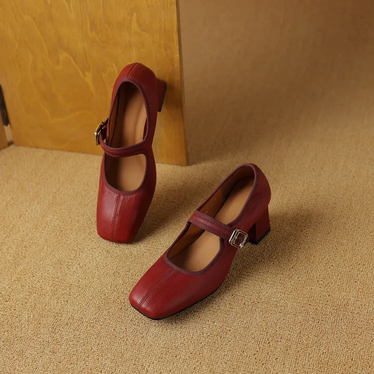 Autumn/Winter Square Toe Mary Jane Shoes with One Buckle, Black and Red Retro French Style Leather Shoes, Chunky Heel, 7-9F
