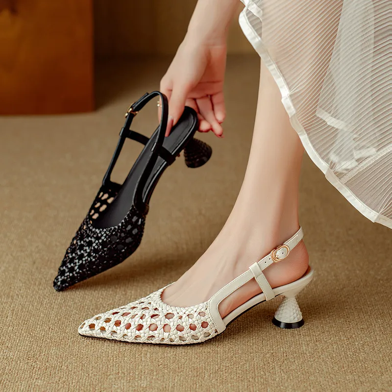 Pointed-toe, open-back, uniquely shaped heel sandals, 24-inch summer genuine leather hollow-out closed-toe sandals, women's fairy-like style, breathable and comfortable.