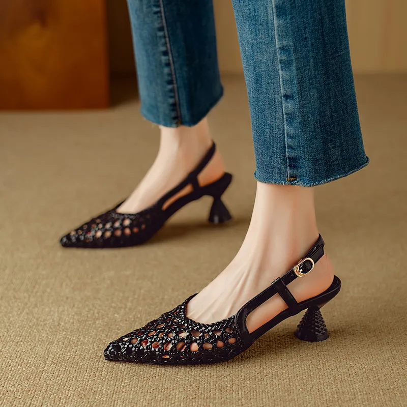 Pointed-toe, open-back, uniquely shaped heel sandals, 24-inch summer genuine leather hollow-out closed-toe sandals, women's fairy-like style, breathable and comfortable.