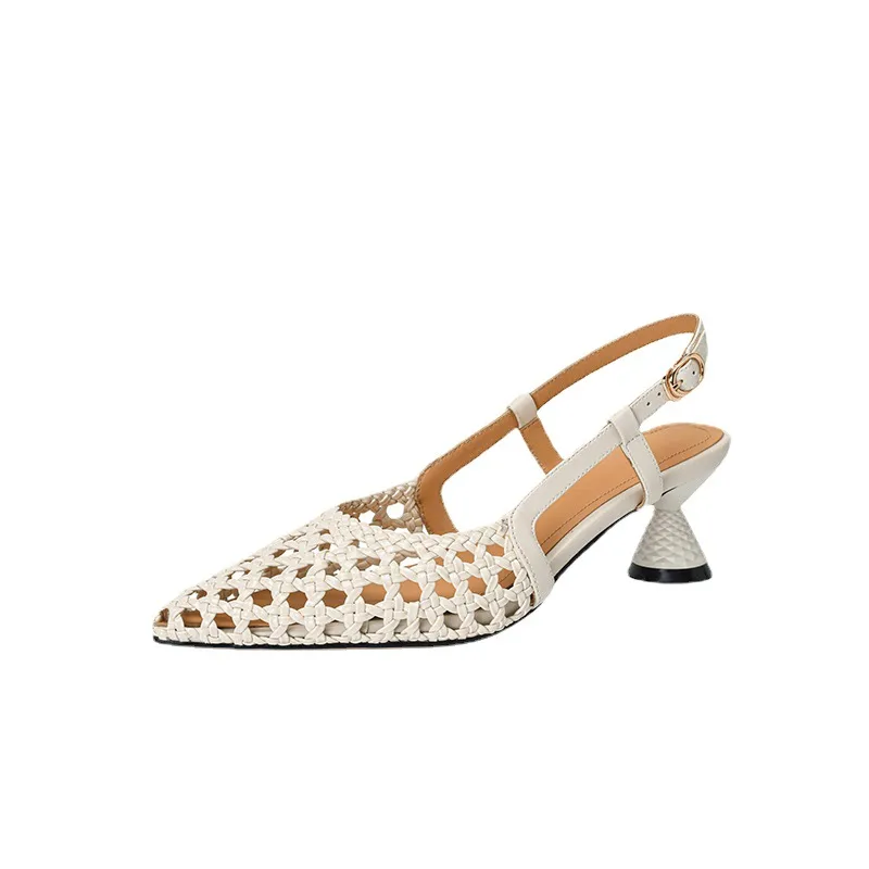 Pointed-toe, open-back, uniquely shaped heel sandals, 24-inch summer genuine leather hollow-out closed-toe sandals, women's fairy-like style, breathable and comfortable.