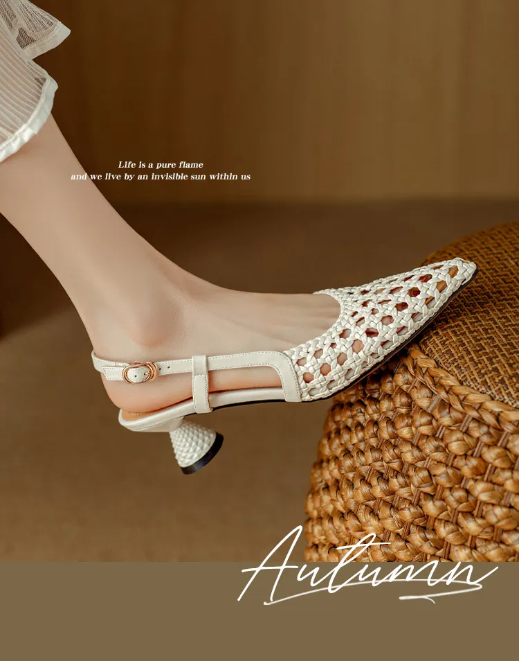 Pointed-toe, open-back, uniquely shaped heel sandals, 24-inch summer genuine leather hollow-out closed-toe sandals, women's fairy-like style, breathable and comfortable.