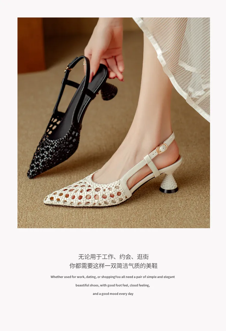 Pointed-toe, open-back, uniquely shaped heel sandals, 24-inch summer genuine leather hollow-out closed-toe sandals, women's fairy-like style, breathable and comfortable.