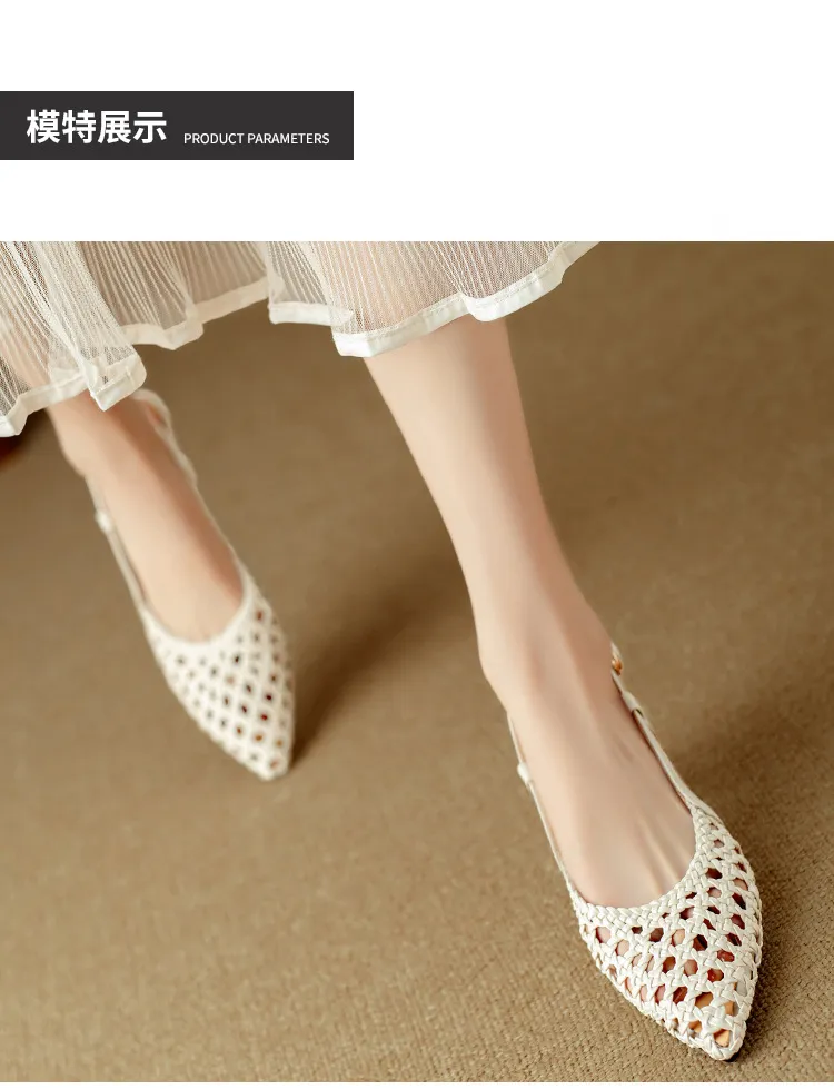 Pointed-toe, open-back, uniquely shaped heel sandals, 24-inch summer genuine leather hollow-out closed-toe sandals, women's fairy-like style, breathable and comfortable.