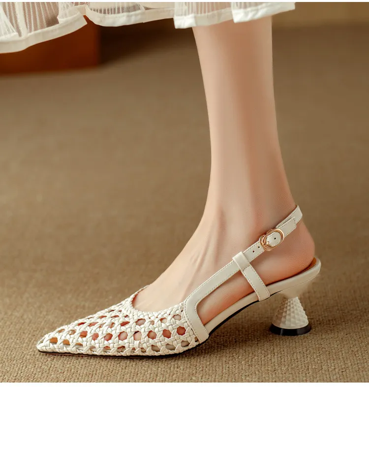 Pointed-toe, open-back, uniquely shaped heel sandals, 24-inch summer genuine leather hollow-out closed-toe sandals, women's fairy-like style, breathable and comfortable.
