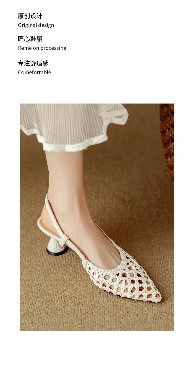Pointed-toe, open-back, uniquely shaped heel sandals, 24-inch summer genuine leather hollow-out closed-toe sandals, women's fairy-like style, breathable and comfortable.