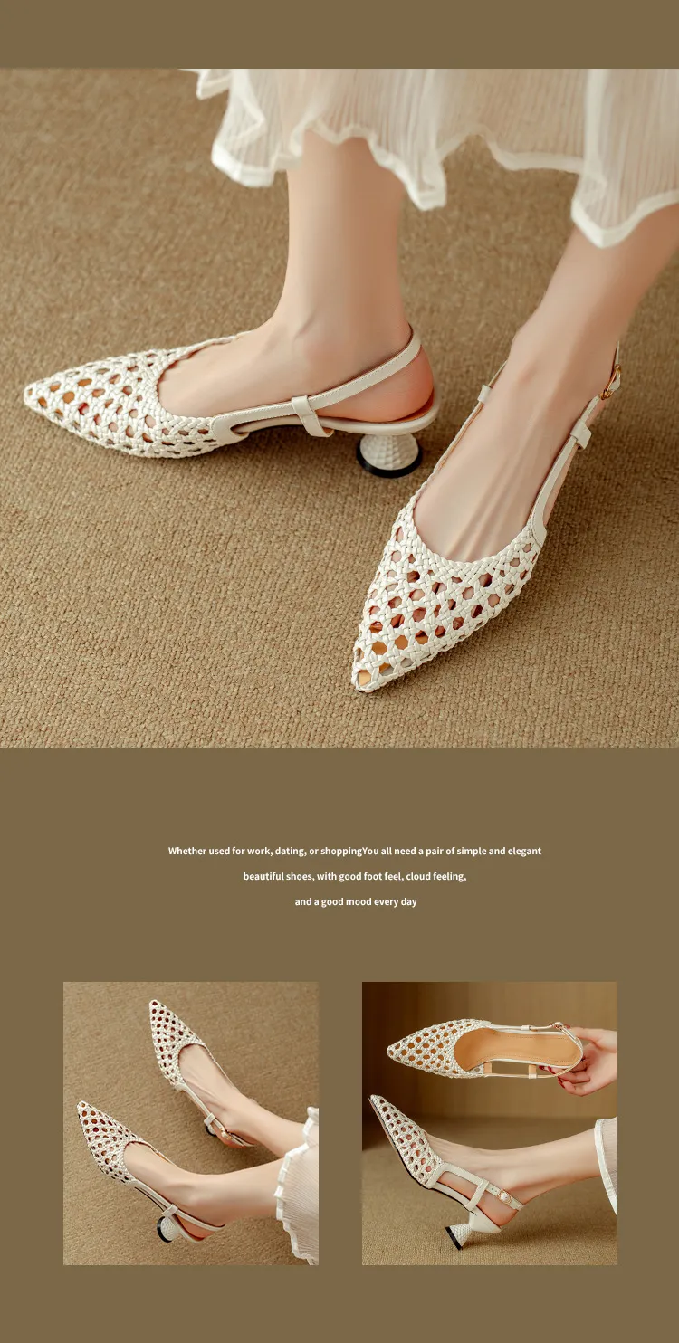 Pointed-toe, open-back, uniquely shaped heel sandals, 24-inch summer genuine leather hollow-out closed-toe sandals, women's fairy-like style, breathable and comfortable.