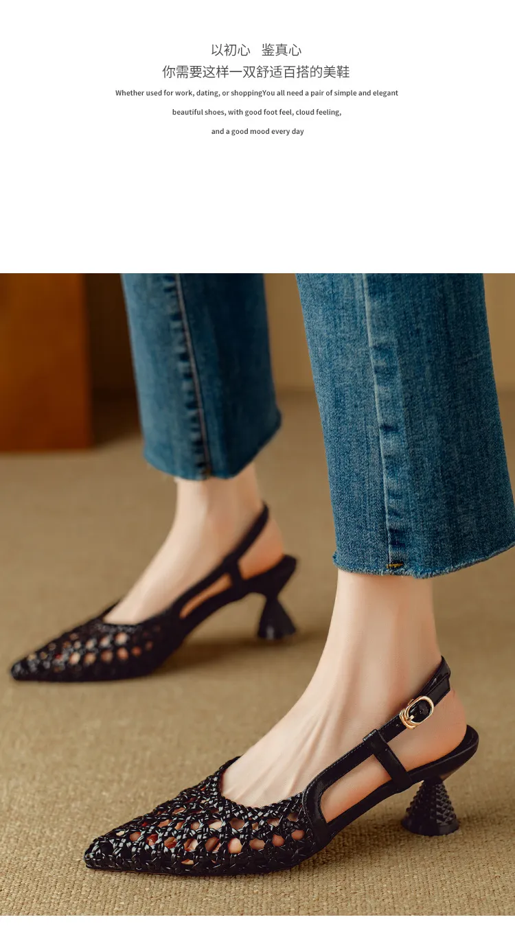 Pointed-toe, open-back, uniquely shaped heel sandals, 24-inch summer genuine leather hollow-out closed-toe sandals, women's fairy-like style, breathable and comfortable.