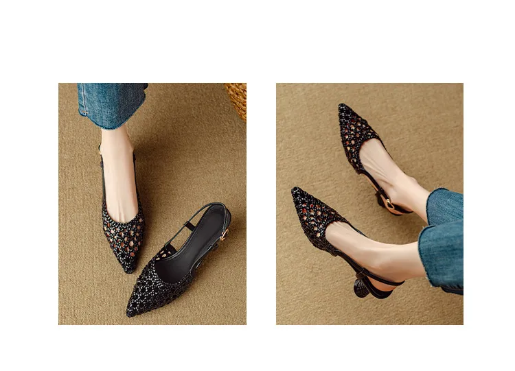 Pointed-toe, open-back, uniquely shaped heel sandals, 24-inch summer genuine leather hollow-out closed-toe sandals, women's fairy-like style, breathable and comfortable.