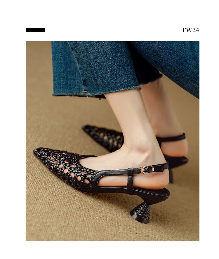 Pointed-toe, open-back, uniquely shaped heel sandals, 24-inch summer genuine leather hollow-out closed-toe sandals, women's fairy-like style, breathable and comfortable.