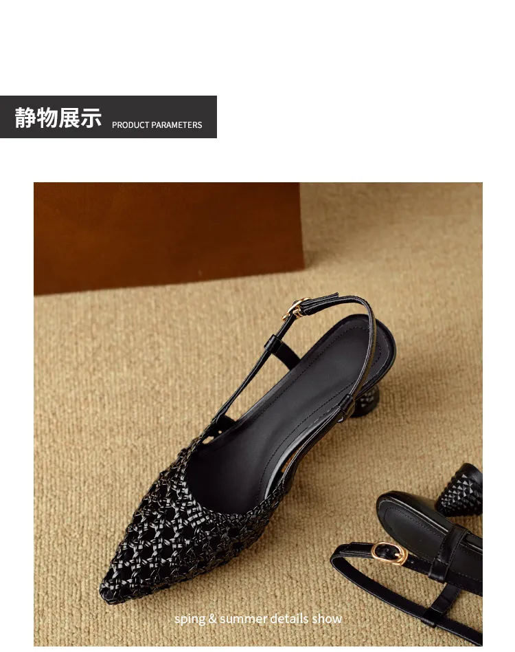 Pointed-toe, open-back, uniquely shaped heel sandals, 24-inch summer genuine leather hollow-out closed-toe sandals, women's fairy-like style, breathable and comfortable.