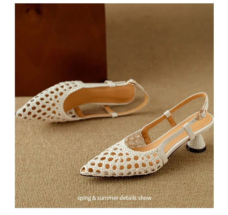Pointed-toe, open-back, uniquely shaped heel sandals, 24-inch summer genuine leather hollow-out closed-toe sandals, women's fairy-like style, breathable and comfortable.
