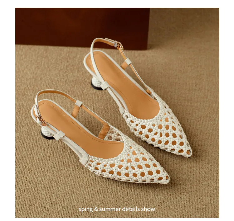 Pointed-toe, open-back, uniquely shaped heel sandals, 24-inch summer genuine leather hollow-out closed-toe sandals, women's fairy-like style, breathable and comfortable.