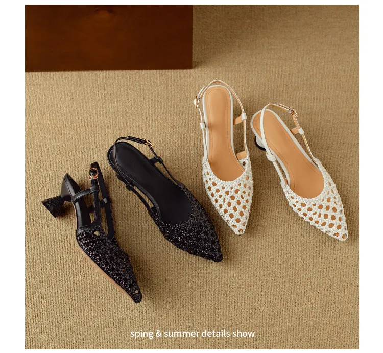 Pointed-toe, open-back, uniquely shaped heel sandals, 24-inch summer genuine leather hollow-out closed-toe sandals, women's fairy-like style, breathable and comfortable.
