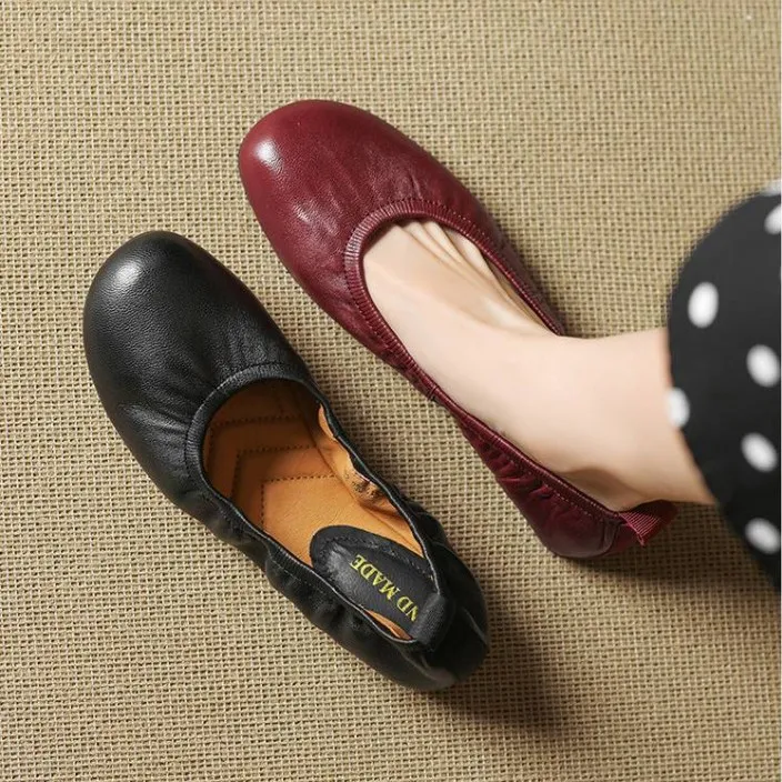 Soft sheepskin leather ballet flats with rubber soles, Mary Jane shoes, plus size women's shoes