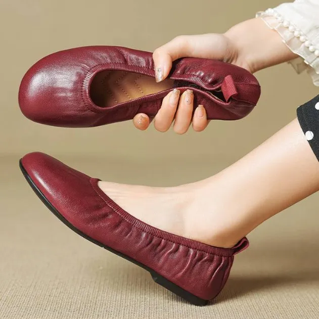 Soft sheepskin leather ballet flats with rubber soles, Mary Jane shoes, plus size women's shoes