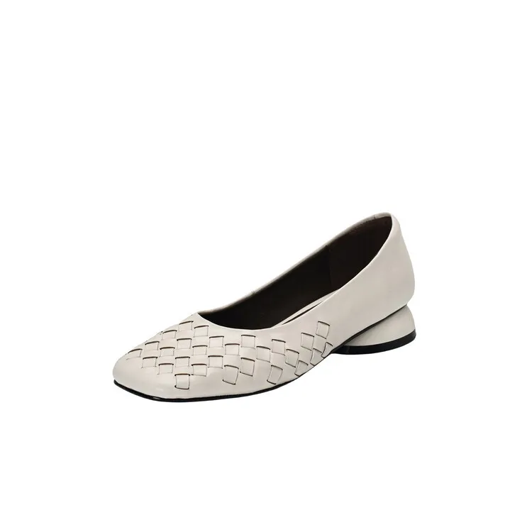 Autumn square-toe low-cut chunky heel slip-on shoes, solid color cowhide, 7-9k
