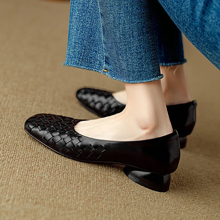 Autumn square-toe low-cut chunky heel slip-on shoes, solid color cowhide, 7-9k