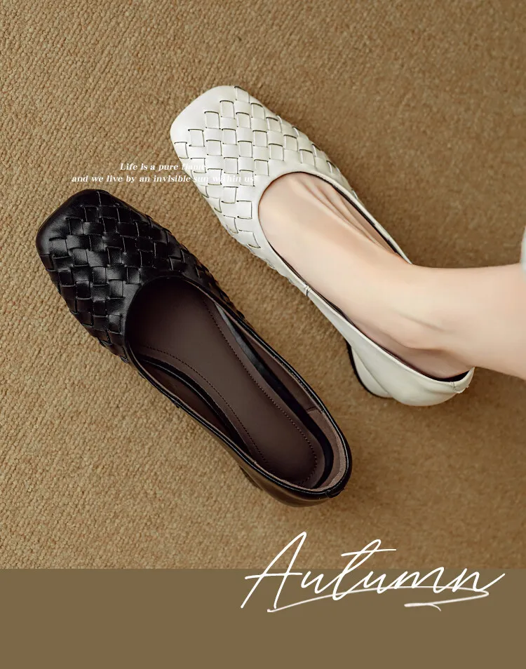 Autumn square-toe low-cut chunky heel slip-on shoes, solid color cowhide, 7-9k